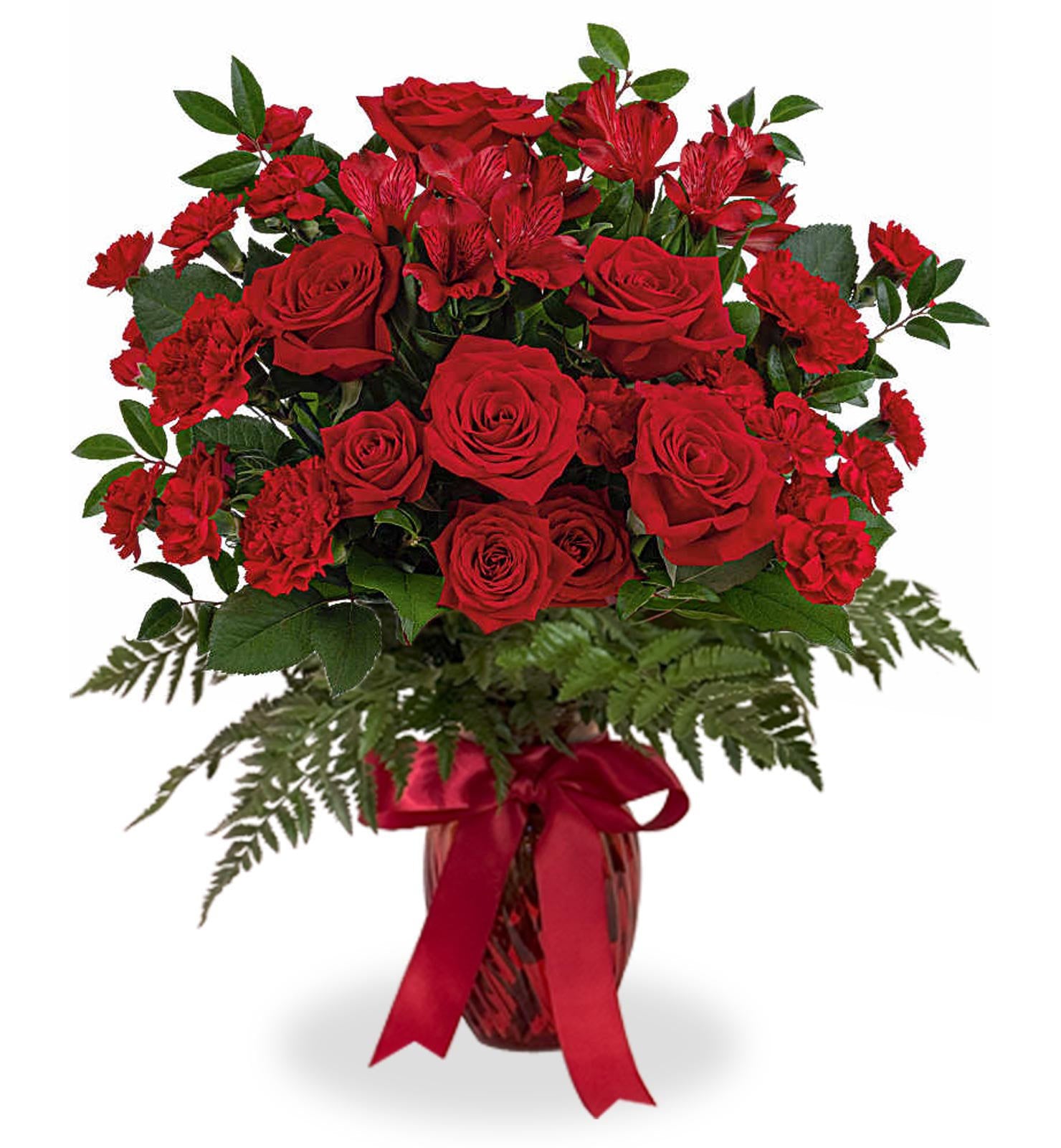 Red Romance Bouquet with red roses, spray roses, and alstroemeria — romantic flowers for Valentine’s, same-day delivery Richmond Hill.